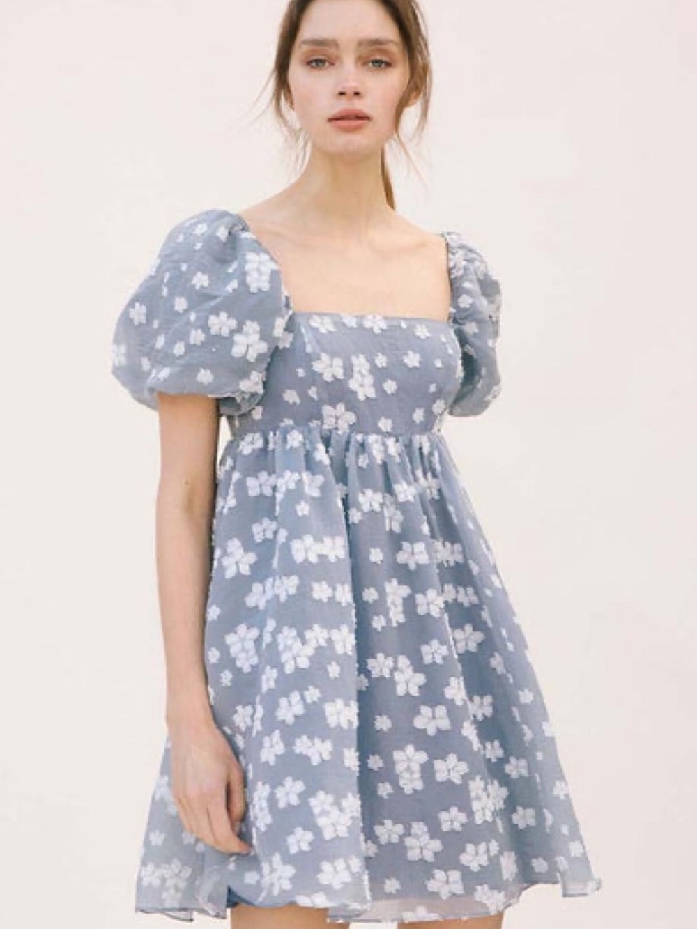 Storia Blue Floral Puff-Sleeve Babydoll Mini Dress